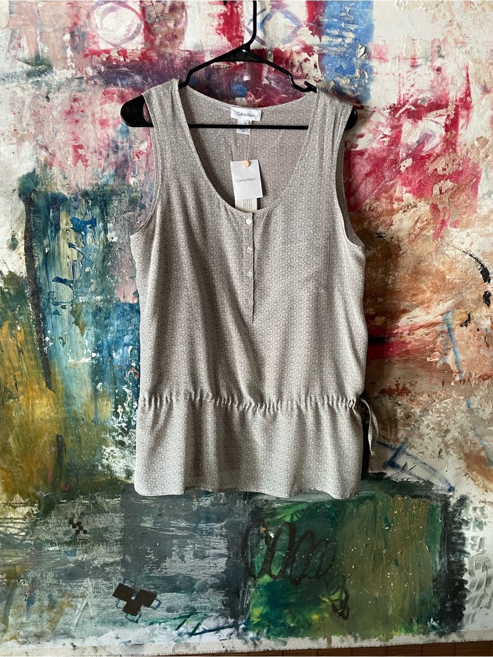 Calvin Klein Light Gray Sleeveless Henley Drawstring Tank